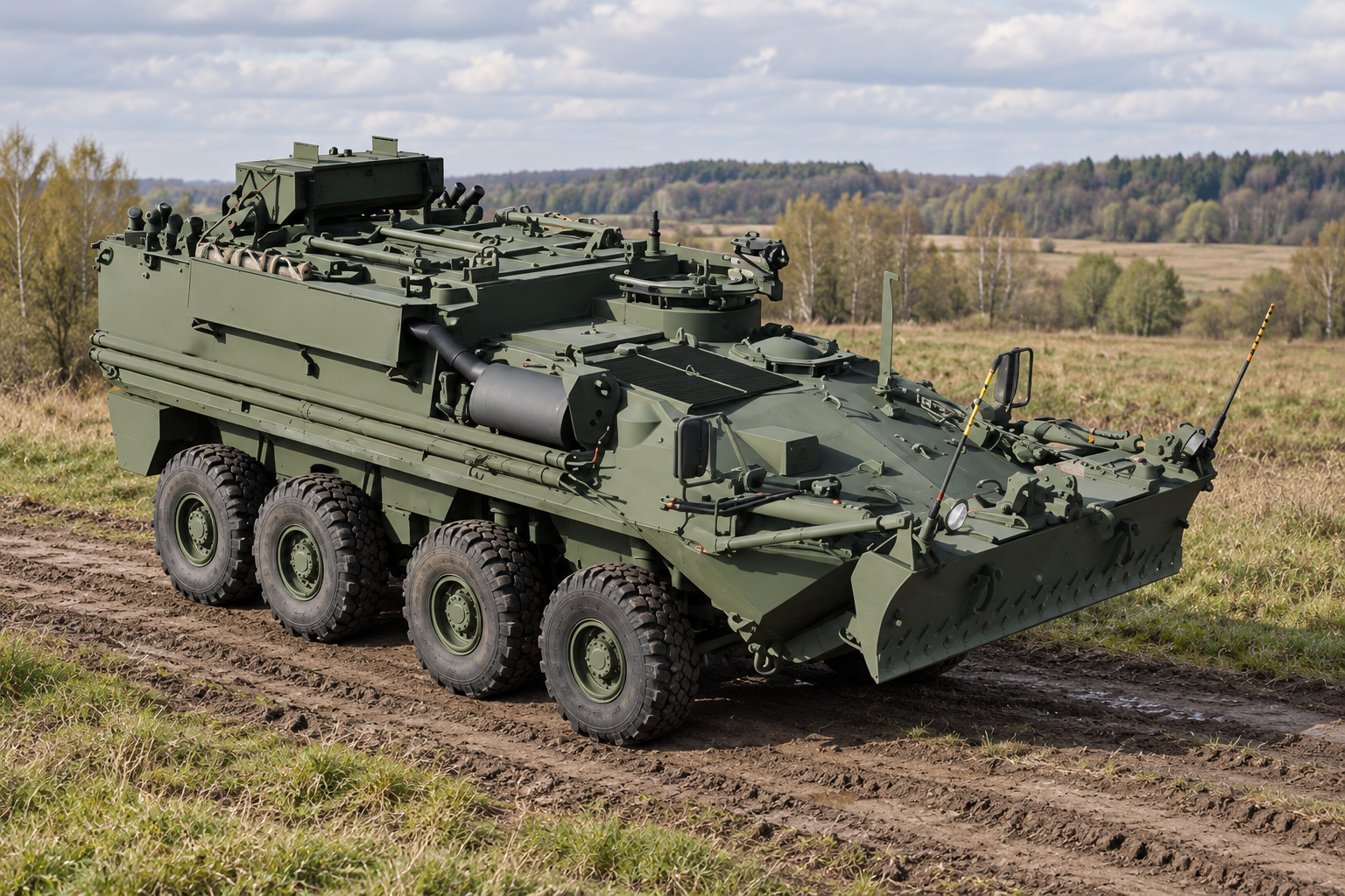 Armoured support vehicle in an illustrative Eastern European field setting