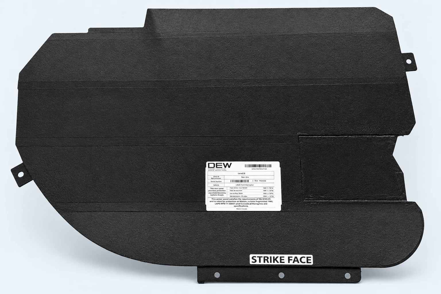 DEW PD ballistic panel — shaped for installation inside a vehicle door