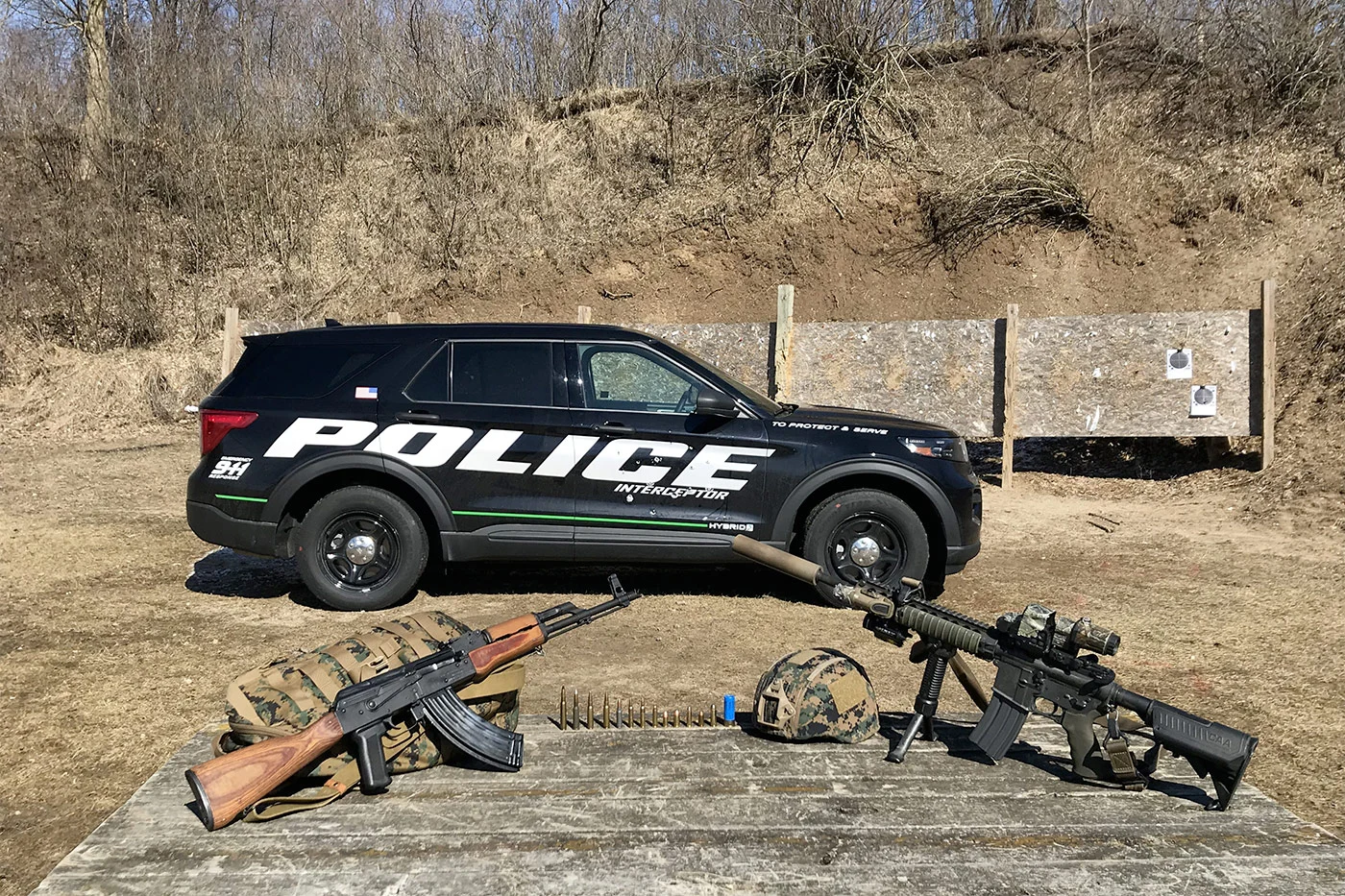 Police utility vehicle at a ballistic demonstration range