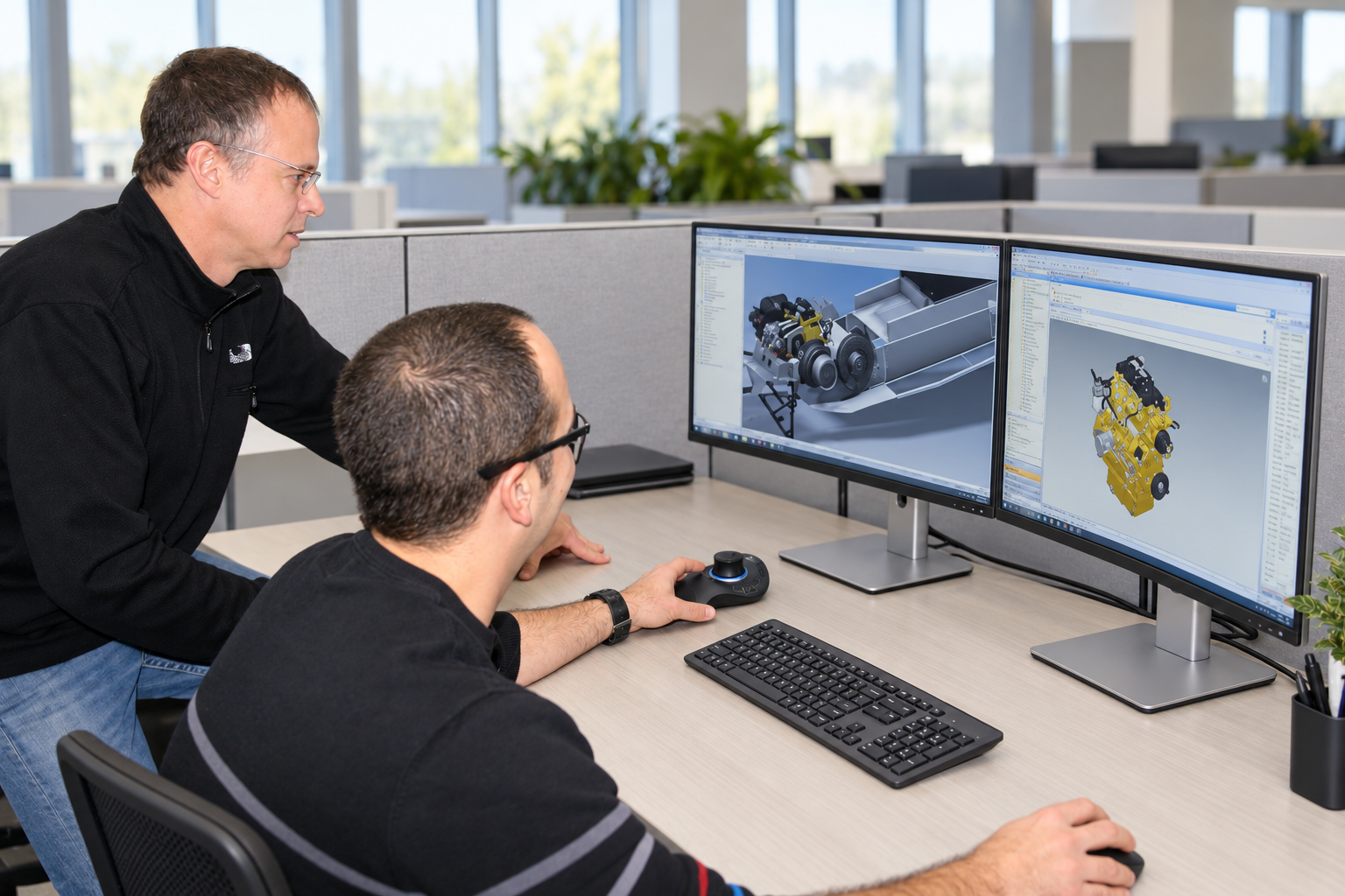 Engineers reviewing CAD models in a digitally updated office setting