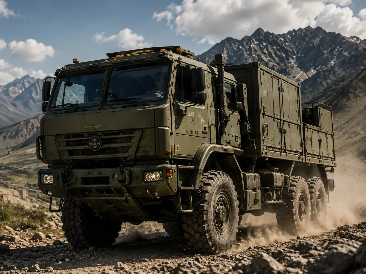 Military support truck in mountainous terrain