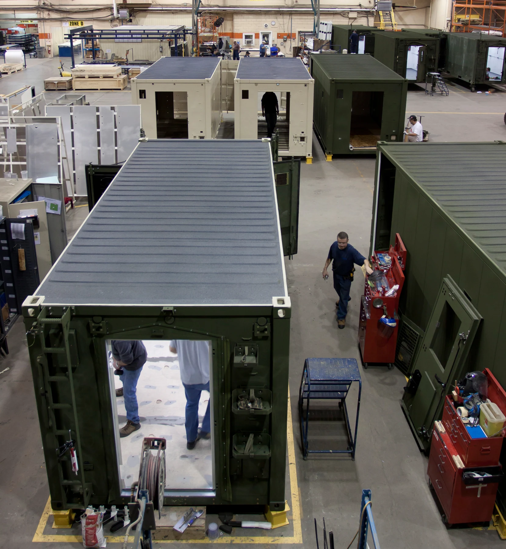 Shelters being assembled and fitted out on the DEW factory floor